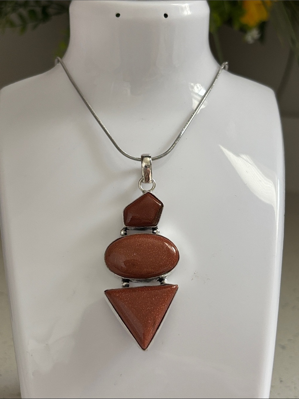 Silver Goldstone Brown Geometric Gemstone Pendant Necklace
